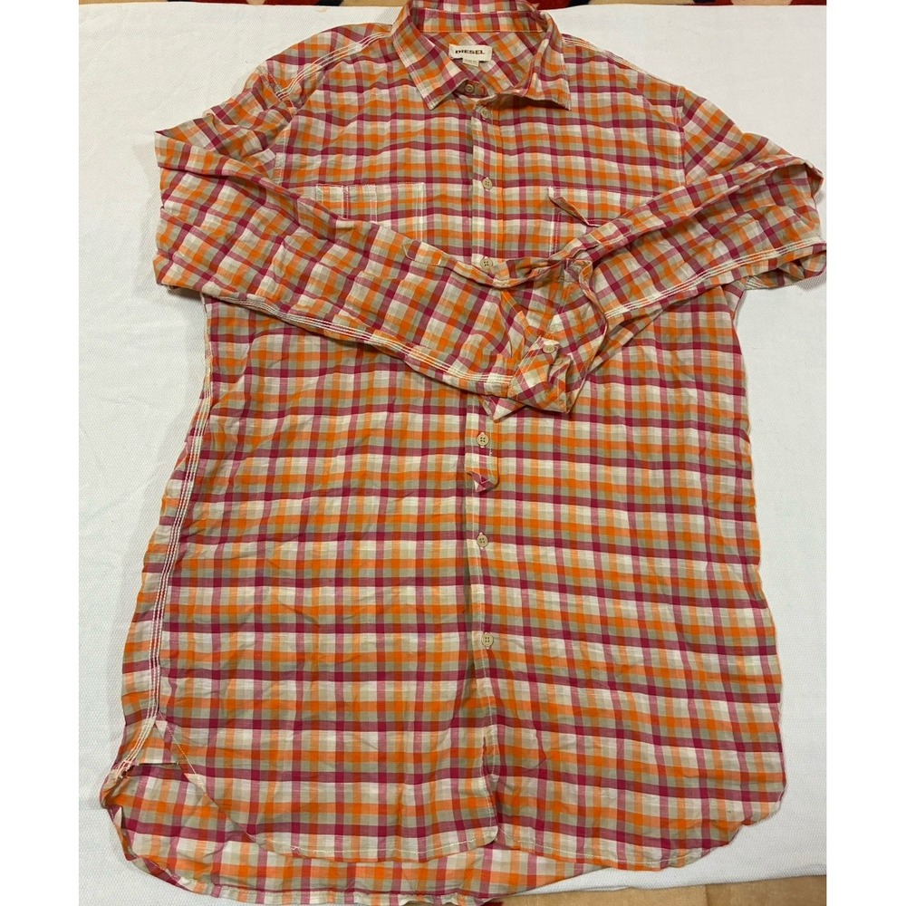 Diesel Men's XL Linen Blend Plaid Button Down Shirt Orange Pink Long Sleeve‎